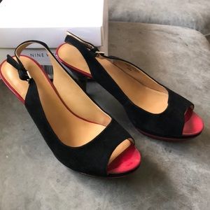 Nine West with leopard heel black suede front and sides red platform